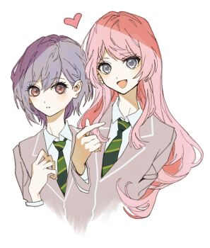 2girls bang_dream! bang_dream!_it's_mygo!!!!! bloom_into_me15 brown_eyes chihaya_anon commentary_request diagonal-striped_clothes diagonal-striped_necktie fang finger_heart green_necktie grey_eyes grey_hair grey_jacket haneoka_school_uniform jacket long_hair multiple_girls necktie open_mouth pink_hair school_uniform short_hair simple_background striped_clothes takamatsu_tomori upper_body white_background