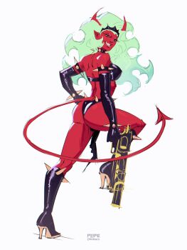 1girl ass breasts colored_skin commentary_request demon_girl demon_horns green_eyes green_hair gun highres holding holding_gun holding_weapon horns large_breasts long_hair looking_at_viewer panty_&amp;_stocking_with_garterbelt pepedraws red_skin scanty_(psg) solo weapon