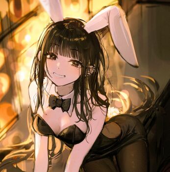 1girl animal_ears artist_name bare_shoulders black_dress black_eyes black_hair bow bowtie breasts bunny_girl_(akasaki) commentary detached_collar dress ear_piercing english_commentary fake_animal_ears looking_at_viewer medium_breasts nagu pantyhose piercing playboy_bunny rabbit_ears rabbit_tail smile solo strapless strapless_dress tail unfinished