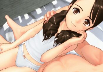 1boy 1girl 3d animated animated_gif asou_miyuri bow bow_panties brown_eyes brown_hair doki_doki_little_ooya-san lap loli long_hair looking_at_viewer lying panties pov sitting sleeveless smile thigh_gap twintails underwear white_panties