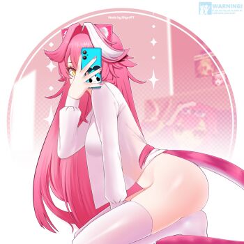 1girl absurdres alternate_costume animal_ears blush cat_ears cat_girl cat_tail cellphone chattino_(raora_panthera) commentary digaarts highres holding holding_phone hololive hololive_english kneeling loose_clothes loose_shirt no_panties phone pink_hair pink_nails raora_panthera self-upload shirt sideways_glance smartphone tail thighhighs virtual_youtuber white_shirt white_thighhighs