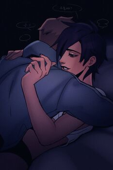 1boy 1girl absurdres black_background black_eyes black_panties blue_shirt brown_hair commentary_request dispatch doggienemyboom face_piercing half-closed_eyes highres hug invisigal korean_commentary korean_text long_sleeves lying midriff nose_piercing panties piercing profile robert_robertson shirt short_hair simple_background sleeveless sleeveless_shirt speech_bubble translation_request underwear white_shirt