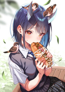 1girl animal animal_on_head aoki_ruri bird bird_on_head black_skirt blue_hair blue_necktie brown_eyes collared_shirt commentary dragon_horns eating falling_leaves food food_in_mouth grey_sweater_vest holding holding_food horns kink_(tortoiseshell) leaf necktie on_head ruridragon school_uniform shirt short_hair short_sleeves skirt solo sweater_vest symbol-only_commentary white_horns white_shirt yakisobapan