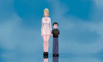 1boy 1girl black_hair blonde_hair blue_eyes child denim flipped_hair hat highres holding_hands jeans joe_secondopinionson long_sleeves moral_orel mother_and_son nid_log nurse nurse_cap nursula_bendy pants shirt short_hair sky smile t-shirt very_short_hair