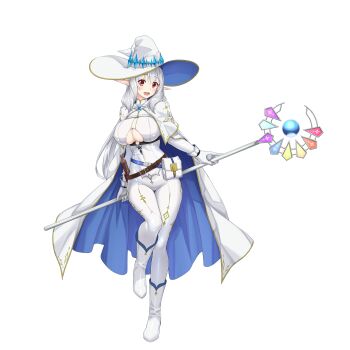 1852489 1girl :d absurdres belt belt_pouch bodysuit boots breasts cape capelet elf full_body gloves grey_hair hat highres holding holding_staff impossible_bodysuit impossible_clothes large_breasts long_hair looking_at_viewer open_mouth original pointy_ears pouch red_eyes skin_tight smile solo staff very_long_hair white_background white_bodysuit white_boots white_cape white_capelet white_gloves wizard wizard_hat