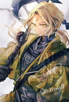 Rule 34 | 1boy, a certain sinclair (project moon), animal, animal on shoulder, bandaged weapon, belt, belt buckle, bird, bird on shoulder, black bandages, black belt, black gloves, blonde hair, buckle, choma0215, closed mouth, coat, commentary request, facial mark, forehead mark, gloves, hair intakes, halberd, half-closed eyes, holding, holding polearm, holding weapon, limbus company, load bearing vest, long hair, low ponytail, male focus, open clothes, open coat, over shoulder, parted bangs, polearm, ponytail, project moon, shirt, sinclair (project moon), smile, solo, trench coat, tsurime, turtleneck, turtleneck shirt, twitter username, undershirt, watermark, weapon, weapon over shoulder, white background, yellow coat, yellow eyes, zipper, zipper pull tab