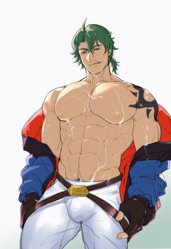 1boy :q abs bara bare_pectorals bulge chachi_(soulga) fingerless_gloves gloves green_hair harness jacket joe_(sk8) large_pectorals male_focus medium_hair muscular muscular_male navel navel_hair nipples off_shoulder open_clothes open_jacket pants pectorals sexually_suggestive shoulder_tattoo sk8_the_infinity solo stomach suggestive_fluid tattoo thick_thighs thighs tight_clothes tight_pants tongue tongue_out white_pants