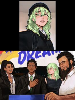 2boys 2girls alternate_costume beard black_hat black_jacket black_suit breasts claude_von_riegan claude_von_riegan_(timeskip) collared_shirt commentary contemporary dark-skinned_male dark_skin english_commentary facial_hair female_byleth_(awakened)_(fire_emblem) female_byleth_(fire_emblem) fire_emblem fire_emblem:_three_houses formal_clothes green_eyes green_hair green_necktie hat highres jacket judith_von_daphnel long_hair long_sleeves medium_hair multiple_boys multiple_girls nader necktie nintendo official_alternate_eye_color official_alternate_hair_color open_clothes open_jacket ponytail sethkiel shirt suit white_shirt