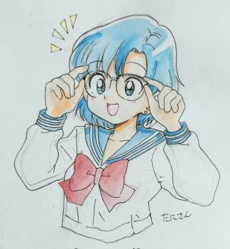 1girl blue_eyes blue_hair bow bowtie character_request commentary_request glasses highres long_sleeves open_mouth red_bow red_bowtie school_uniform serafuku shirt simple_background solo tani_gorira upper_body white_background white_shirt