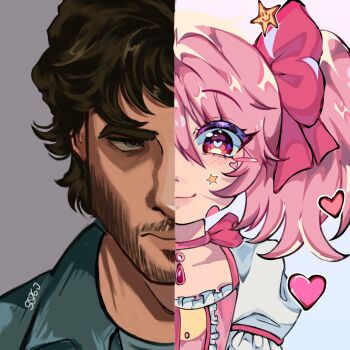 1boy 1girl beard black_eyes black_hair character_request collar collared_shirt commentary copyright_request english_commentary facial_hair frilled_shirt frills gem green_shirt hair_between_eyes heart heart-shaped_pupils highres kaname_madoka kaname_madoka_(magical_girl) leukocoria looking_at_viewer mahou_shoujo_madoka_magica pink_hair portrait red_pupils s076j serious shirt short_hair smile smiley_face split_screen star_(symbol) symbol-shaped_pupils twintails