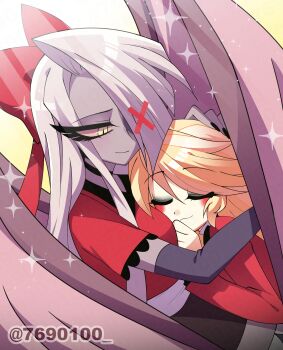 2girls :3 absurdres between_breasts black_choker black_eyeshadow black_skirt blonde_hair bow breasts charlie_morningstar choker circle_facial_mark clenched_hand closed_eyes closed_mouth colored_sclera colored_skin commentary_request cowboy_shot curtained_hair elbow_gloves eyelashes eyeshadow feathered_wings fewer_digits frilled_sleeves frills gloves gradient_background grey_gloves grey_hair grey_skin grey_wings hair_between_eyes hair_bow hair_over_one_eye hand_up hazbin_hotel head_between_breasts hellaverse highres looking_at_another makeup menattou multiple_girls one_eye_covered pink_sclera red_bow red_shirt shirt short_sleeves sidelocks skirt slit_pupils small_breasts smile sparkle standing swept_bangs tsurime twitter_username two-tone_background u_u upper_body vaggie white_background wings yellow_background yellow_eyes yuri