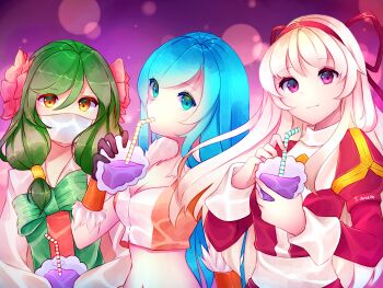 Rule 34 | 3girls, arcelle, black gloves, blonde hair, blue eyes, blue hair, bow, bowtie, breasts, brown shirt, cleavage, closed mouth, commentary, crop top, dress, drinking straw, drinking straw in mouth, english commentary, fur-trimmed gloves, fur-trimmed shirt, fur trim, gloves, grape juice, green bow, green bowtie, green hair, green shirt, hair tubes, high priest (ragnarok online), highres, juice, juliet sleeves, long hair, long sleeves, looking at viewer, mask, medium breasts, midriff, mouth mask, multiple girls, navel, puffy sleeves, purple background, purple eyes, ragnarok online, red dress, sash, shirt, smile, sniper (ragnarok online), soul linker (ragnarok online), two-tone dress, two-tone shirt, upper body, white dress, white hair, white sash, yellow eyes