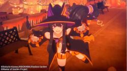 1girl 3d animated bad_tag black_hair breasts claw_pose delta_(kage_no_jitsuryokusha_ni_naritakute!) halloween hat helmet hiding jack-o&#039;-lantern kage_no_jitsuryokusha_ni_naritakute! large_breasts long_hair open_mouth outdoors pumpkin purple_eyes screencap sidelocks twilight very_long_hair video witch_hat