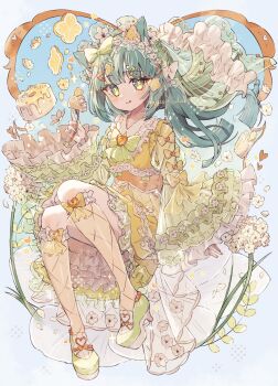 Rule 34 | 1girl, :3, :q, animal ear fluff, animal ears, blunt bangs, blunt ends, blush, bow, bow legwear, bowtie, cake, cake slice, cat ears, cat girl, closed mouth, commentary, dress, fishnet socks, fishnets, flower, food, food-themed hair ornament, fork, frilled dress, frilled sleeves, frilled socks, frilled veil, frills, fruit, full body, green bow, green bowtie, green eyes, green hair, green nails, green shoes, green veil, hair bow, hair ornament, hand up, heart, high heels, highres, holding, holding fork, kneehighs, leaf, lemon, lemon hair ornament, lemon slice, long hair, long sleeves, looking at viewer, nail polish, original, see-through clothes, see-through hairband, see-through veil, shoes, sleeve bow, socks, solo, symbol-only commentary, tongue, tongue out, tsukumi bis, twitter username, veil, white flower, wide sleeves, x hair ornament, yellow bow, yellow dress, yellow socks