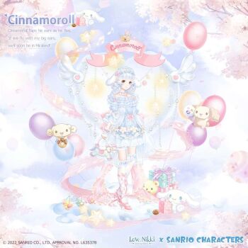 1girl 2022 animal_ears artist_request balloon blue_dress blue_hairband blue_sky blunt_bangs bow bowtie brown_eyes character_name cherry_blossoms chiffon_(cinnamoroll) choker cinnamoroll cinnamoroll_(cosplay) cinnamoroll_(miracle_nikki) closed_mouth cloud company_name copyright_name copyright_notice cosplay day dog_ears dot_nose dress drill_hair espresso_(cinnamoroll) floppy_ears flower frilled_choker frilled_dress frilled_hairband frilled_socks frills full_body fuwa_fuwa_cinnamoroll gift hairband happy high_heels leg_ribbon light_blush light_particles logo lolita_hairband long_hair mary_janes miracle_nikki musical_note neck_ribbon nikki_(series) off-shoulder_dress off_shoulder official_art outdoors over-kneehighs pastel_colors pink_bow pink_bowtie pink_flower pink_shoes puffy_short_sleeves puffy_sleeves purple_ribbon ribbon sanrio shoes short_sleeves sky smile socks solo spring_(season) standing star_(symbol) stiletto_heels thighhighs tree white_choker white_hair white_socks winged_heart yume_kawaii