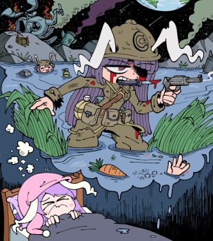 >_< 1girl aircraft animal_ears battle bed belt blanket_grab blood blood_drip bloody_tears bomb brown_belt brown_coat brown_pants carrot closed_eyes closed_mouth coat commentary corpse cowboy_shot crash_landing ears_through_headwear earth_(planet) english_commentary explosive fire flashback frown grenade gun handgun hat helicopter helmet holding holding_gun holding_weapon kevin_arthur knife_in_mouth long_hair missile moon moon_rabbit_extra_(touhou) nightcap nightmare open_mouth pants pillow pink_eyes pink_headwear planet pouch purple_hair rabbit_ears rabbit_girl reeds reisen_udongein_inaba scratches sky smoke star_(sky) starry_sky torn_clothes torn_coat touhou very_long_hair wading war water weapon x_x
