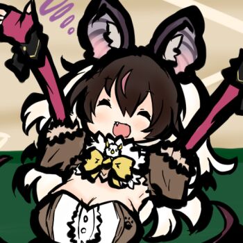 1girl animal_ears armpits arms_up bat_ears bat_girl bat_wings breasts brown_hair brown_long-eared_bat_(kemono_friends) cleavage elbow_gloves extra_ears fingerless_gloves gloves kemono_friends kemono_friends_v_project large_breasts leotard long_hair looking_at_viewer microphone multicolored_hair simple_background solo streaked_hair tanuki_kamen upper_body virtual_youtuber wings