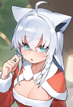 1girl absurdres ahoge akuto_(akuto_desu) animal_ear_fluff animal_ears blurry blurry_background blush braid breasts cleavage commentary_request dress fox_ears fox_girl green_eyes hair_between_eyes highres hololive long_hair looking_at_viewer medium_breasts open_mouth santa_costume santa_dress shirakami_fubuki sidelocks single_braid solo sweat virtual_youtuber white_hair