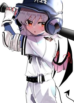 1girl absurdres baseball_bat baseball_helmet baseball_uniform bat_wings belt blush commentary cowboy_shot demon_tail elbow_pads english_commentary gloves helmet highres holding holding_baseball_bat layered_sleeves long_sleeves looking_to_the_side low_wings medium_hair orange_eyes ougiikun parted_lips remilia_scarlet short_over_long_sleeves short_sleeves solo sportswear tail touhou white_hair wing_ribbon wings