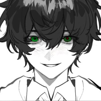 1boy black_hair collared_shirt degrees_of_lewdity ggia_xxx green_eyes greyscale kylar_(degrees_of_lewdity) kylar_(male)_(degrees_of_lewdity) looking_at_viewer monochrome portrait shirt short_hair simple_background solo spot_color