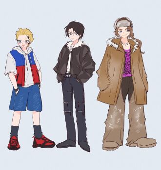 3boys adapted_costume belt black_belt black_jacket black_pants black_shoes black_socks blonde_hair blue_eyes blue_jacket blue_shorts blush brown_coat brown_hair brown_hat brown_shoes chaps closed_mouth coat denim denim_shorts earrings facial_tattoo final_fantasy final_fantasy_viii fishnet_top fishnets full_body fur-trimmed_coat fur-trimmed_jacket fur_hat fur_trim hands_in_pockets hat highres hood hoodie hoop_earrings irvine_kinneas jacket jewelry kahok leather leather_jacket long_hair looking_to_the_side male_focus multicolored_jacket multiple_boys necklace open_mouth pants pointy_shoes ponytail red_jacket red_shoes scar scar_on_face shirt shoes short_hair short_sleeves shorts sleeveless sleeveless_jacket smile sneakers socks squall_leonhart standing studded_belt tattoo two-tone_jacket ushanka white_hoodie white_shirt zell_dincht zipper