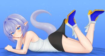 1boy ass bare_arms bare_legs bare_shoulders basher bike_shorts blue_background blue_eyes blue_shoes blush boros_(ouro_kronii) borrowed_design commentary elbow_rest english_commentary from_side full_body grey_hair hair_between_eyes hair_intakes head_rest high_heels highres hololive hololive_english lace_pantyhose_hooked_on_heel_(meme) light_particles looking_at_viewer lying male_focus meme on_stomach ouro_kronii shirt shoes simple_background smile snake_boy snake_tail solo spaghetti_strap tail trap virtual_youtuber white_shirt