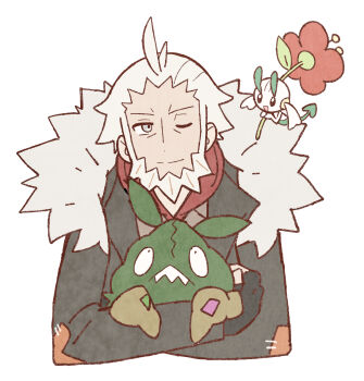 1boy beard closed_mouth cropped_torso facial_hair floette floette_(red_flower) flower fur-trimmed_hood fur_trim gen_5_pokemon gen_6_pokemon grey_eyes hair_behind_ear hair_slicked_back highres holding holding_flower holding_pokemon hood hooded_jacket jacket lapels long_sleeves looking_at_another looking_to_the_side looking_up lysandre_(pokemon) male_focus nintendo one_eye_closed open_clothes open_jacket patchwork_clothes pokemon pokemon_(creature) pokemon_legends:_z-a red_flower sach56000 sharp_teeth simple_background smile solo teeth trubbish white_background white_fur white_hair