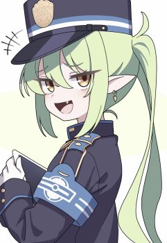 Rule 34 | 1girl, absurdres, armband, black hat, black jacket, blue archive, blue armband, commentary, earrings, fang, gloves, green hair, hat, highres, holding, holding tablet pc, jacket, jewelry, jitome, long hair, long sleeves, looking at viewer, notice lines, nozomi (blue archive), open mouth, pointy ears, sidelocks, simple background, skin fang, smile, smug, solo, tablet pc, twintails, upper body, vector (dmlddmld00), white gloves, yellow eyes