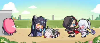 5girls alice_(nikke) aqua_hair armpit_cutout backless_bodysuit bare_shoulders black_bodysuit black_hair black_horns black_liquid black_nails blonde_hair blue_eyes blush bodysuit breasts broken_mask bubble chibi cinderella_(nikke) cleavage cloak closed_mouth clothing_cutout colored_inner_hair commentary falling food food_costume forehead gloves goddess_of_victory:_nikke grave_(nikke) grey_hair hair_intakes hair_over_one_eye hexagon_print highres honeycomb_(pattern) honeycomb_print hood hood_up horns large_breasts leg_cutout leviathan_(nikke) liquid_clothes little_mermaid_(nikke) long_hair mask multicolored_hair multiple_girls navel navel_cutout one_eye_covered open_mouth outstretched_arms pointy_ears red_eyes sausage see-through_bodysuit see-through_cleavage see-through_clothes sidelocks small_breasts smile stomach_cutout tripping twintails untranslatable_commentary uz_(uzru0428) very_long_hair white_bodysuit white_hair yellow_eyes