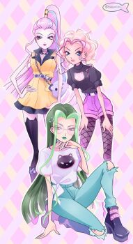 Rule 34 | 3girls, animal bag, animal ear legwear, animal print, annoyed, argyle background, bad id, bad twitter id, bag, bare arms, bare shoulders, belt, belt buckle, black belt, black boots, black choker, black shirt, black thighhighs, blue eyes, blue hair, blue pants, blunt ends, boots, brown eyes, buckle, cat print, chocofish, choker, clenched teeth, closed mouth, collared dress, commentary, darcy (winx club), denim, denim shorts, dress, english commentary, expressionless, eyelashes, eyeshadow, fashion, fishnet pantyhose, fishnets, forehead, full body, gradient boots, green hair, green lips, grey bag, grey pantyhose, hair ornament, hair tubes, hairclip, hand on own chin, hand on own hip, hands on own thighs, high-waist pants, high-waist shorts, high heel boots, high heels, high ponytail, icy (winx club), jeans, knee boots, knees, leaning forward, lipstick, long hair, looking at viewer, looking to the side, makeup, messy hair, multicolored boots, multicolored hair, multiple girls, official alternate hair color, outline, pale skin, pants, pantyhose, pink-tinted eyewear, pink background, pink boots, pink eyeshadow, pink hair, pink lips, pink shorts, pocket, ponytail, puffy short sleeves, puffy sleeves, purple belt, purple boots, round eyewear, shirt, shoes, short dress, short hair, short sleeves, shorts, shoulder bag, single hair tube, standing, stormy (winx club), straight hair, streaked hair, studded belt, sunglasses, teeth, thighhighs, tinted eyewear, torn clothes, torn jeans, torn pants, trix (winx club), turtleneck, turtleneck shirt, twitter username, two-tone background, two-tone boots, two-tone hair, v-shaped eyebrows, very long hair, watermark, white outline, white shirt, winx club, yellow background, yellow dress