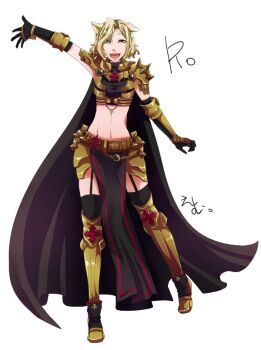 Rule 34 | 1girl, animal ears, armor, armored boots, belt, bikini armor, black cape, black gloves, black thighhighs, blonde hair, boots, breasts, brown belt, cape, cat ears, cat girl, commentary request, cross of prontera, flowery peko, full body, garter straps, gloves, gold armor, green eyes, heterochromia, looking at viewer, navel, open mouth, pauldrons, pelvic curtain, ragnarok online, red eyes, rune knight (ragnarok online), short hair, shoulder armor, simple background, small breasts, smile, solo, spiked pauldrons, spikes, thighhighs, vambraces, waving, white background