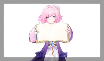 1girl absurdres blue_eyes book chinese_commentary chuideng closed_mouth commentary_request cyrene_(aedes_elysiae)_(honkai:_star_rail) cyrene_(honkai:_star_rail) dress highres holding holding_book honkai:_star_rail honkai_(series) jacket looking_at_viewer pink_hair purple_jacket smile solo white_dress