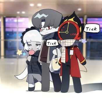 1boy 1girl 1other black_gloves black_jacket black_necktie black_scarf black_shirt brown_sweater candy charon_(project_moon) clock closed_mouth colored_skin dante_(limbus_company) flaming_head food full_body gala9960 glasses gloves grey_hair grey_jacket grey_skin grey_skirt highres holding holding_candy holding_food holding_lollipop jacket limbus_company lollipop looking_to_the_side necktie object_head plaid_clothes plaid_scarf project_moon red_eyes scarf shirt skirt sweater vergilius_(project_moon)