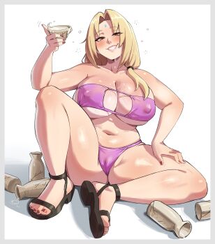 1girl alcohol bikini black_sandals blonde_hair blush breasts brown_eyes cameltoe cleavage covered_erect_nipples cup drinking drooling drunk eyepatch_bikini facial_mark forehead_mark hair_intakes hair_over_shoulder hair_tie hand_on_own_thigh holding holding_cup huge_breasts kharon kharuart knee_up lips long_hair low_twintails mature_female nail_polish naruto_(classic) naruto_(series) navel pink_bikini red_nails sake sandals sitting smile solo spread_legs swimsuit thick_thighs thighs toenail_polish toenails tokkuri tsunade_(naruto) twintails veins veiny_breasts white_background
