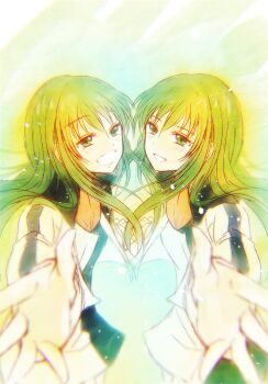 Rule 34 | 10s, 2girls, :d, blush, cropped jacket, green eyes, grey hair, haru sakurazaki, long hair, long sleeves, minashiro orihime, minashiro tsubaki, mother and child, mother and daughter, multiple girls, open mouth, outstretched arm, outstretched hand, parent and child, sidelocks, skirt, smile, soukyuu no fafner, time paradox, uniform