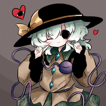 1girl ;) black_eyes black_hat buttons closed_mouth commentary_request contrast_collar diamond_button green_hair green_skirt grey_background hair_between_eyes hands_up hat hat_ribbon heart heripantomorrow komeiji_koishi long_sleeves looking_at_viewer one_eye_closed ribbon shirt skirt smile solo third_eye touhou wide_sleeves yellow_ribbon yellow_shirt