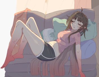 1girl ahoge bags_under_eyes barefoot boyshort_panties breasts brown_hair closed_mouth colored_extremities couch english_text full_body hair_intakes head_on_pillow highres honkai:_star_rail honkai_(series) knees lingsha_(honkai:_star_rail) long_hair lying medium_breasts midriff multicolored_hair navel on_back on_couch parted_lips pillow pointy_ears red_feet red_hair red_hands shirt short_sleeves sleeping solo stomach t-shirt taut_clothes taut_shirt toes two-tone_hair unfamousradish very_long_hair
