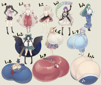 6+girls :t absurdres animal_ears arm_cannon armpits arms_up bad_anatomy bad_proportions bad_tag barefoot black_footwear black_hair blonde_hair blue_dress blue_hair boots breast_hold breasts bust_chart cape cleavage clenched_hands control_rod_(touhou) dress frown fujiwara_no_mokou gigantic_breasts gradient_hair green_eyes green_hair green_ribbon hair_ribbon hands_on_breasts hat helmet highres hijiri_byakuren himekaidou_hatate hole_on_body horns hoshiguma_yuugi huge_breasts inubashiri_momiji kamishirasawa_keine kochiya_sanae large_breasts long_hair lying multicolored_hair multiple_girls muneneko neckerchief necktie onozuka_komachi pants pink_eyes pink_hair pointy_ears purple_eyes purple_ribbon red_eyes red_pants reiuji_utsuho ribbon saigyouji_yuyuko sandals scroll shadow shirt shoes short_hair simple_background single_horn skirt smile socks suspenders tail touhou twintails two_side_up very_long_hair weapon white_background white_hair wings yasaka_kanako yatagarasu yellow_eyes zouri