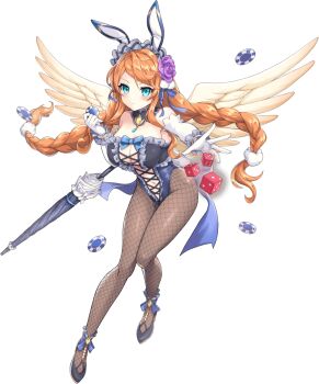 1girl animal_ear_hairband animal_ears artist_request blue_eyes braid breasts cleavage dice fake_animal_ears feathered_wings fishnet_pantyhose fishnets flower full_body game_cg gloves hair_flower hair_ornament hairband highres holding_poker_chip legend_clover navel nemesis_(legend_clover) official_alternate_costume official_art orange_hair pantyhose poker_chip rabbit_ear_hairband rabbit_ears third-party_source transparent_background twin_braids umbrella white_gloves wings
