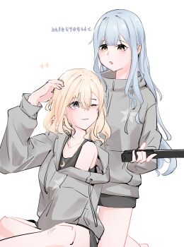 Rule 34 | 2girls, absurdres, bang dream!, bang dream! it's mygo!!!!!, black shorts, black tank top, blonde hair, blue hair, chinese text, grey hoodie, hair between eyes, hand in another's hair, highres, holding hair straightener, hood, hoodie, long hair, long sleeves, medium hair, misumi uika, multiple girls, open mouth, purple eyes, shorts, sidelocks, simple background, tank top, togawa sakiko, translation request, white background, y iris30