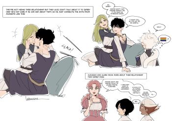 2boys 3girls absurdres aged_down aged_up agott_arklaum_(tongari_boushi_no_atelier) alaira_(tongari_boushi_no_atelier) arms_around_neck barefoot black_hair black_robe blush book brushbuddy cheek_pinching closed_eyes coco_(tongari_boushi_no_atelier) commentary curly_hair dark-skinned_female dark_skin dress earrings english_commentary green_eyes green_hair highres jewelry jun_(lettuccine) kiss long_hair meme multicolored_hair multiple_boys multiple_girls olruggio_(tongari_boushi_no_atelier) pinching pink_dress pink_eyes pink_hair pride_flag_question_mark_(meme) purple_eyes qifrey_(tongari_boushi_no_atelier) red_hair robe short_hair sitting sitting_on_lap sitting_on_person smile tongari_boushi_no_atelier twintails two-tone_hair white_hair yuri