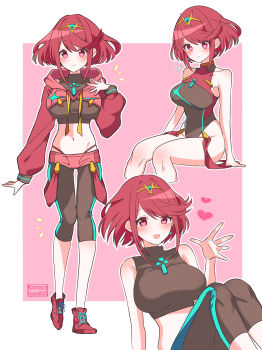 1girl absurdres adapted_costume alternate_costume black_one-piece_swimsuit breasts chest_jewel closed_mouth commentary competition_swimsuit crop_top headpiece highres kotohatoko510 large_breasts midriff multiple_views navel one-piece_swimsuit open_mouth pyra_(pro_swimmer)_(xenoblade) pyra_(xenoblade) red_eyes red_hair red_one-piece_swimsuit ribbed_swimsuit short_hair smile swept_bangs swimsuit symbol-only_commentary tiara two-tone_swimsuit xenoblade_chronicles_(series) xenoblade_chronicles_2