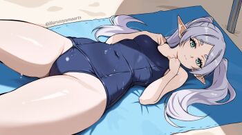 Rule 34 | 1girl, beach, beach towel, black one-piece swimsuit, breasts, closed mouth, commentary request, covered navel, day, elf, expressionless, frieren, green eyes, grey hair, harutoyumaarts, long hair, looking at viewer, lying, old school swimsuit, on back, one-piece swimsuit, outdoors, parted bangs, pointy ears, school swimsuit, small breasts, solo, sousou no frieren, swimsuit, thick eyebrows, thick thighs, thighs, towel, twintails