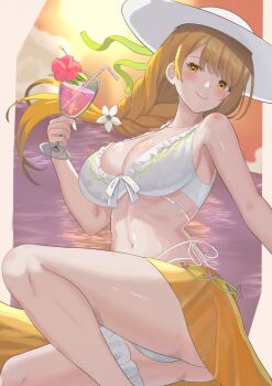 Rule 34 | 1girl, absurdres, bare arms, bare shoulders, bikini, blush, braid, breasts, brown hair, cleavage, closed mouth, commentary request, cup, drinking glass, fire emblem, fire emblem engage, fire emblem heroes, flower, frilled thigh strap, gold sarong, goldmary (fire emblem), goldmary (summer) (fire emblem), hat, highres, holding, holding cup, large breasts, long hair, looking at viewer, navel, nintendo, ocean, official alternate costume, orange sky, sarong, sky, smile, solo, stomach, sun hat, sunset, swimsuit, tarutaru193, thigh strap, thighs, water, white bikini, yellow eyes, yellow sarong