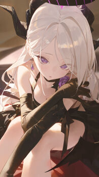 1girl ahoge alternate_costume black_dress black_gloves blue_archive commentary demon_girl demon_horns demon_wings dress elbow_gloves flower gem gloves halo highres hina_(blue_archive) horns indoors knees_up long_hair looking_at_viewer modare parted_lips pointy_ears purple_eyes purple_flower purple_gem sitting white_hair wings