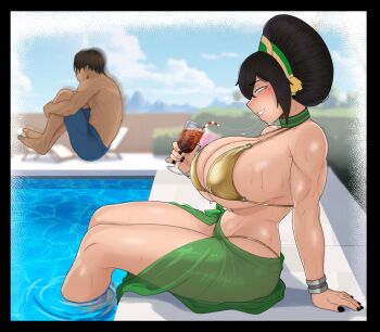 1boy 1girl absurdres alternate_breast_size_(larger) avatar:_aang_the_last_airbender avatar_legends biceps bikini black_hair black_nails blind blush breasts cannonball_(dive) choker cleavage cocktail cocktail_glass commentary contemporary cup dark-skinned_male dark_skin drinking_glass english_commentary escriba from_side gold_bikini golden_week green_choker green_sarong highres huge_breasts muscular muscular_female muscular_male pool poolside saliva saliva_trail sarong short_hair sideboob sitting smile soaking_feet solo_focus sweat swimsuit thong_bikini tiara toph_beifong triceps underboob updo