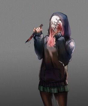 1girl absurdres black_hoodie black_nails black_pantyhose blood blood_on_mask bloody_knife commentary_request dead_by_daylight doybdouyb green_skirt grey_background highres holding holding_knife hood hood_up hoodie knife korean_commentary mask pantyhose pink_hair simple_background skirt solo susie_lavoie the_legion_(dead_by_daylight)