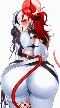 1girl 404_(pixiv_94263879) absurdres animal_ear_fluff animal_ears ass asymmetrical_clothes backboob bent_over black_hair black_shirt black_streaks blue_eyes breasts bright_pupils commentary earrings extra_ears fade_(haircut) fishnet_pantyhose fishnets frilled_shirt frills hakos_baelz hakos_baelz_(monochrome_dancer) half_updo highres hololive hololive_english hoop_earrings jewelry large_breasts long_hair looking_at_viewer looking_back mouse_ears mouse_girl mouse_tail multicolored_hair official_alternate_costume official_alternate_hairstyle open_mouth pants pantyhose red_hair sharp_teeth shirt simple_background single_pantsleg single_sleeve streaked_hair tail teeth tongue tongue_out untranslatable_commentary virtual_youtuber white_background white_pants white_pupils white_shirt white_streaks