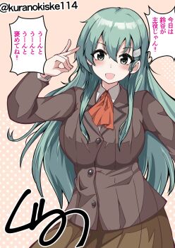 1girl aqua_eyes aqua_hair ascot blazer blush breasts brown_jacket brown_skirt cowboy_shot hair_between_eyes hair_ornament hairclip highres jacket kantai_collection kurano_kisuke large_breasts long_hair looking_at_viewer one_eye_closed orange_ascot pink_background pleated_skirt school_uniform skirt smile solo speech_bubble suzuya_(kancolle) twitter_username