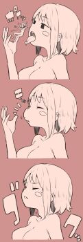 2girls akairo_(akairokk) blush_stickers breasts closed_mouth female_focus giant giantess half-closed_eyes highres medium_breasts monochrome multiple_girls no_nipples open_mouth original purple_background saliva sequential size_difference swallowing throat_bulge tongue tongue_out upper_body vore